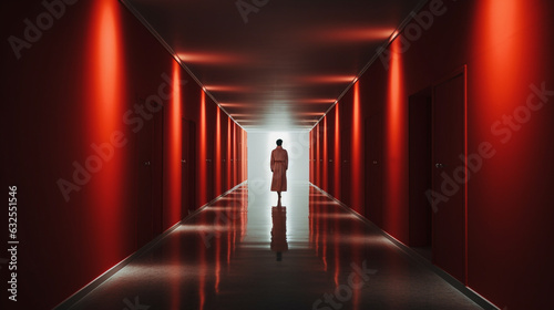 illustration of silhouette of a person in a red corridor. Created with Generative AI