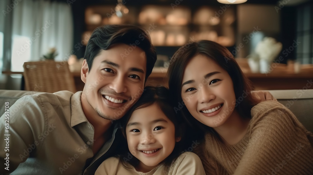 Obraz premium Generative AI : Happy attractive asian family with mom dad and little cute young daughter or elementary kids holding hands together lying on floor looking at camera on top view feeling enjoy happy tim