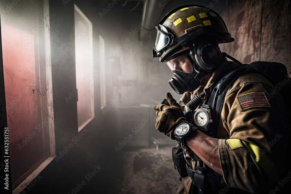 shot of a firefighter looking at his watch while standing in the middle of a smoke filled room