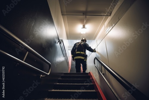 shot of a firefighter using a tablet while walking down an empty stairwell