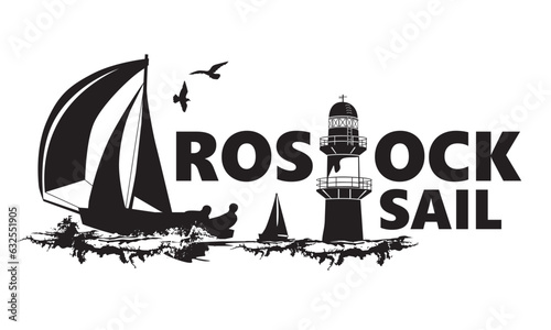 Illustration Rostock Sail mit Leuchtturm und Segler