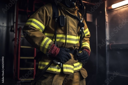 cropped view of a firefighter standing in the firehouse