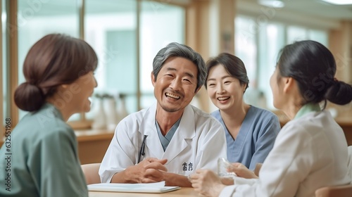Generative AI : Young caregiver in scrubs uniform showing medicine bottle to elderly asian couple man and woman in home visit care nursing service Asian senior with assisted living medication monitori