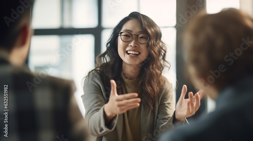Generative AI : Millennial boss team leader introducing New asian woman employee to colleagues in creative office workplace Welcoming hired newcomer member to team first work day get clapping hands wi © Generative AI