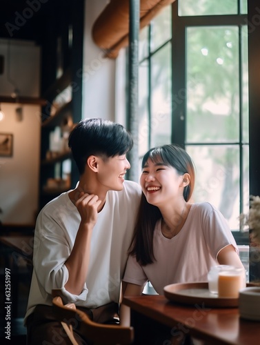 Generative AI : Young attractive happy asian man and woman holding hands on shoulder looking and talking together with love and care at cafe with copy space Young asian couple relationship with bondin