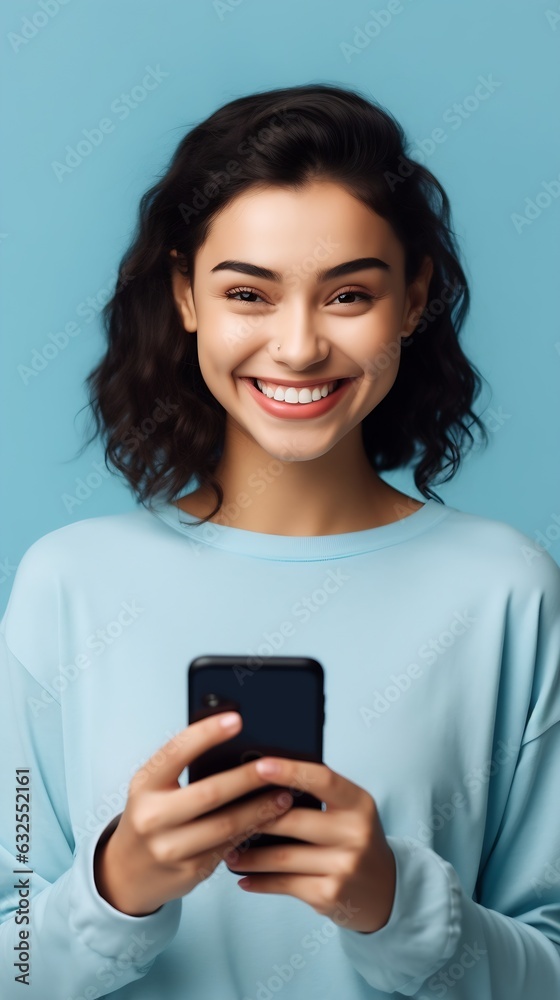 Generative AI : Happy asian woman feeling happiness blinks eyes and standing hold smartphone on blue background Cute asia girl smiling wearing casual jeans shirt and connect internet shopping online a Generative AI : Happy asian woman feeling happiness blinks eyes and standing hold smartphone on blue background Cute asia girl smiling wearing casual jeans shirt and connect internet shopping online a