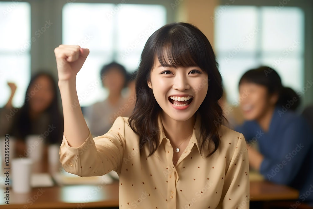 Generative AI : Leadership asian creative woman or head staff employee feeling happy and smiling is standing out of small group clapping hands in creative office workplace Woman feeling confident with
