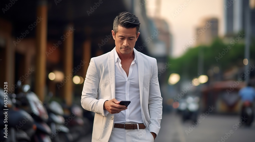 Obraz premium Generative AI : Adult asian owner businessman using mobile with store background Entrepreneur and alpha generation life style concept