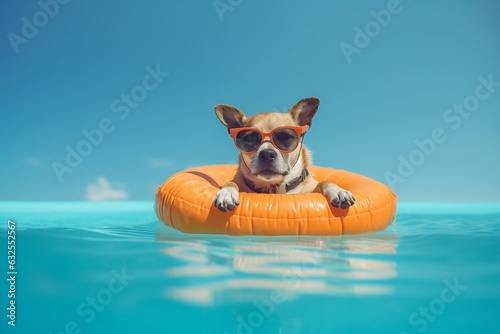 Generative AI : Young chihuahua dog wearing life vest jacket swim in swimming pool looking at camera with relax leisure time on holiday Overweight adorable dog retreat lose weight by exercise Summer h © Generative AI