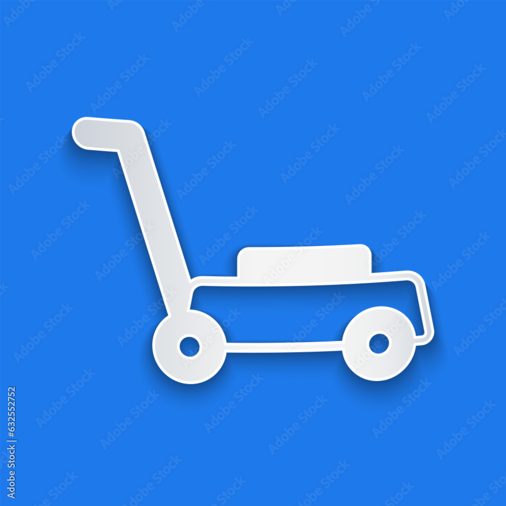 Paper cut Lawn mower icon isolated on blue background. Lawn mower cutting grass. Paper art style. Vector