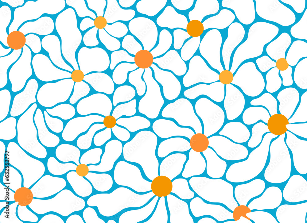 Abstract matisse floral seamless pattern with outline shapes of blue chamomile. Flat vector design in trendy naive retro style. 