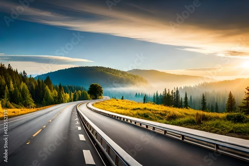 Highway with forest on background of blue sky with beautiful clouds.