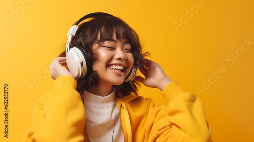 Generative AI : Happy chill asian girl listening to music in wireless headphone with smartphone Woman listening podcast and wearing yellow shirt on pink isolated background