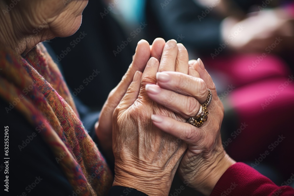 woman, happy and community hands at a church for faith with spiritual, religion or belief