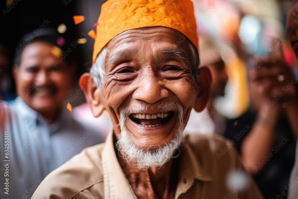 happy, celebration and old man in the community, social event or party with face of happiness