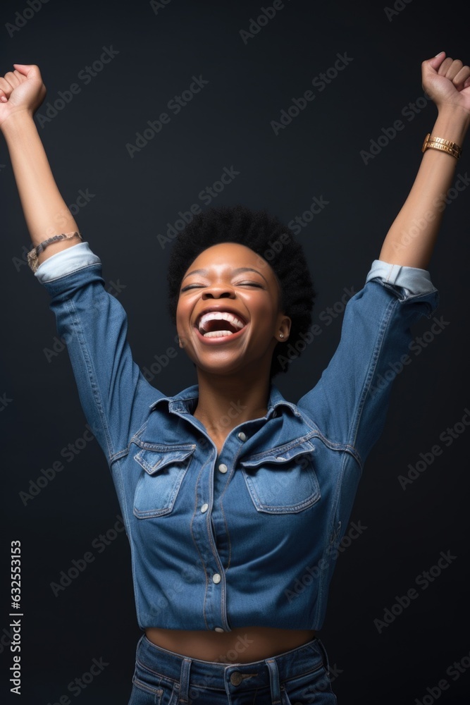 a confident young woman wearing a denim outfit with her arms raised in defiance