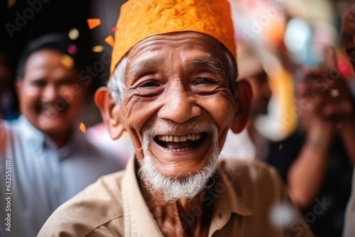 happy, celebration and old man in the community, social event or party with face of happiness