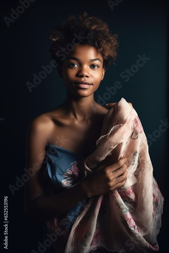 shot of a young woman lovingly holding the fabric of her dress in front of her