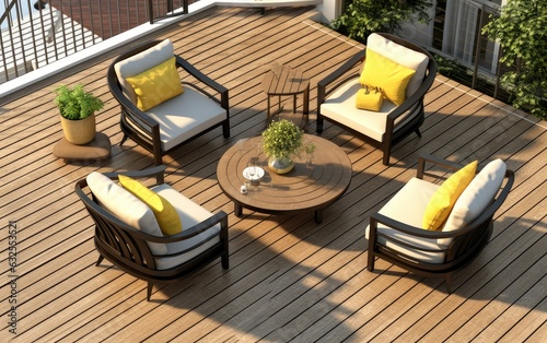 Furnished outdoor terrace with wpc wood plastic composite decking boards. Created with Generative AI technology. photo