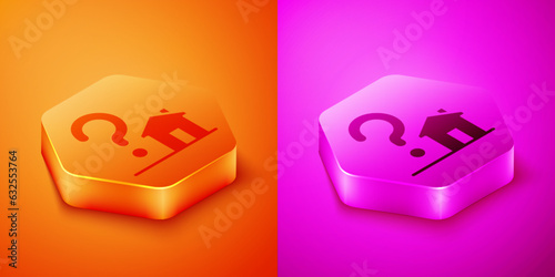 Isometric House with question mark icon isolated on orange and pink background. Housing problems, questions. Hexagon button. Vector