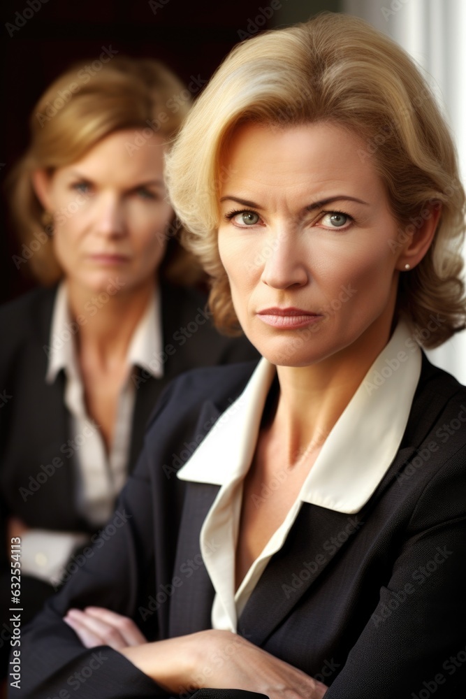 portrait of a mature business woman sitting behind her younger colleague portrait of a mature business woman sitting behind her younger colleague