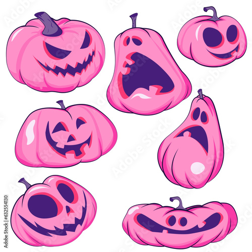 Set of pumpkins for Halloween. Pink pumpkins with a smile for your design. Vector illustration EPS10.