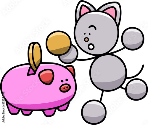 豚の貯金箱に貯金するにゃんまるのイラスト(左右反転バージョン)　猫
