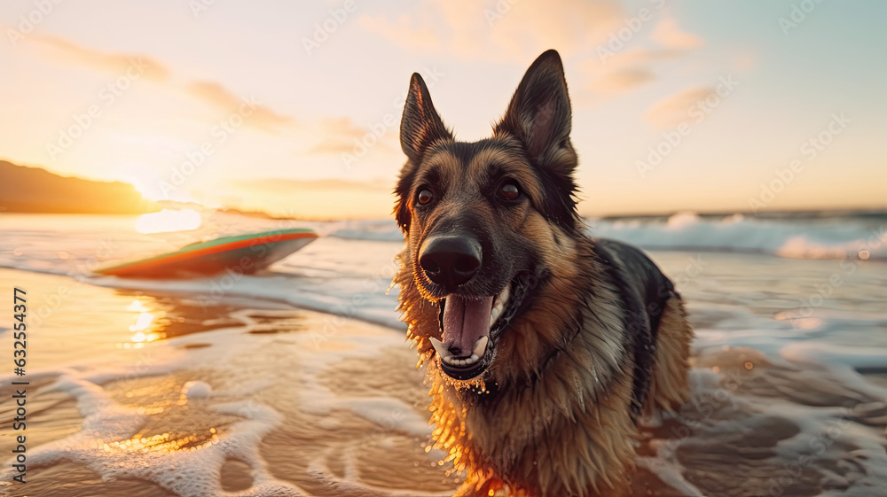 German shepherd running and playing on dog-friendly beach at sunset. Summer fun surfing vacation with dog, pet friendly trip and outdoors adventure lifestyle.