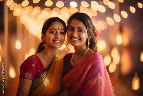 Portrait of two Indian ethnic young women in the background of Diwali festival photo