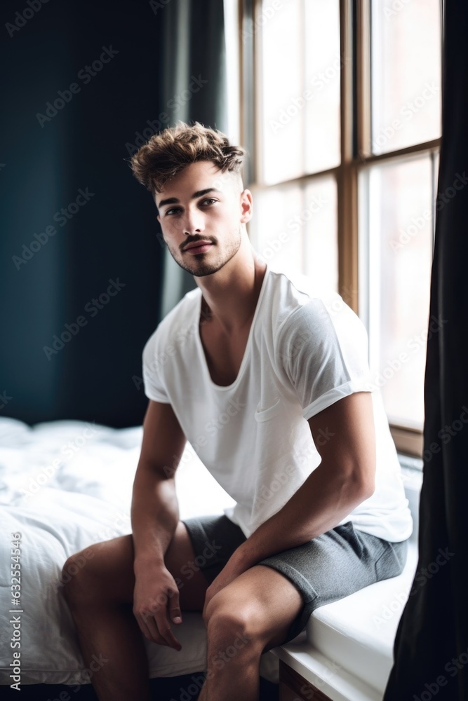 shot of a young man sitting on his bed at home