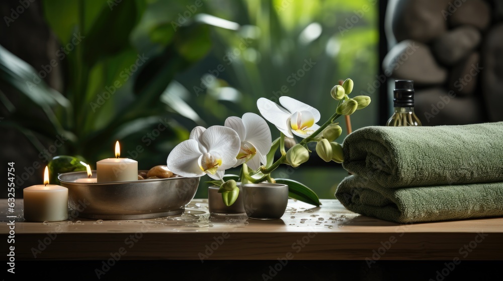 Spa composition with beauty treatment burning candle, zen stones, rolled towels and natural palm leaves massage stones, essential oil  Nature background with empty space for product presentation