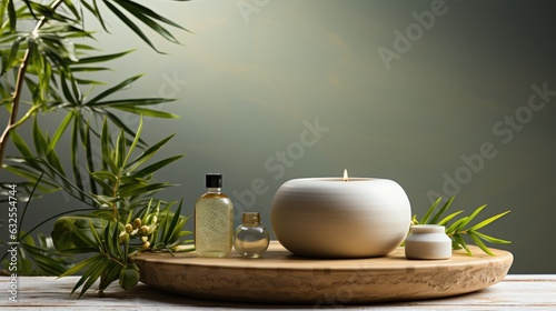 Spa composition with beauty treatment burning candle, zen stones, rolled towels and natural palm leaves massage stones, essential oil Nature background with empty space for product presentation