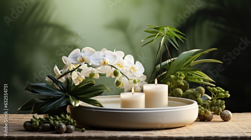 Spa composition with beauty treatment burning candle, zen stones, rolled towels and natural palm leaves massage stones, essential oil  Nature background with empty space for product presentation