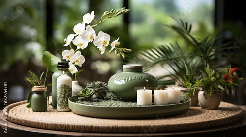 Spa composition with beauty treatment burning candle, zen stones, rolled towels and natural palm leaves massage stones, essential oil Nature background with empty space for product presentation