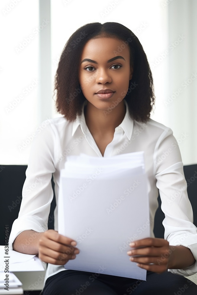 cropped shot of a young woman sitting and holding up paperwork