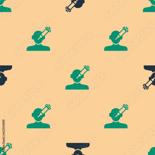 Green and black Addiction to the drug icon isolated seamless pattern on beige background. Heroin, narcotic, addiction, illegal. Sick junkie with a syringe and medical pills. Vector