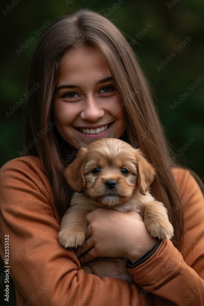 a young woman smiling while showing you the puppy she is holding a young woman smiling while showing you the puppy she is holding
