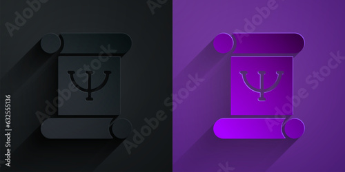 Paper cut Psychology book icon isolated on black on purple background. Psi symbol. Mental health concept, psychoanalysis analysis and psychotherapy. Paper art style. Vector