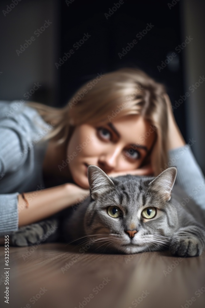 shot of a young woman and her cat lying on the floor together at home