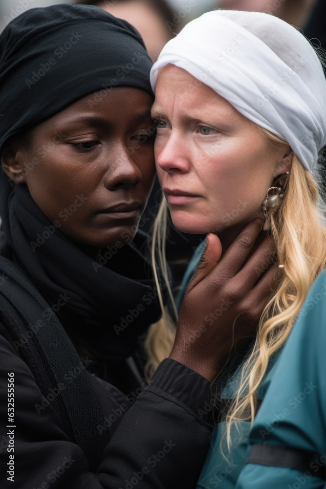 human rights protest, refugee and woman crying with sadness, grief or stop mental health ties