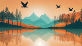 a painting of a lake with birds flying over it and mountains in the background