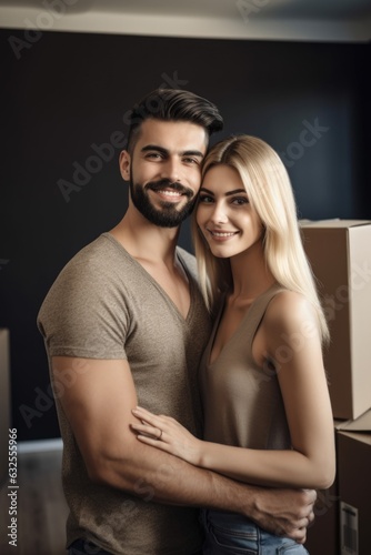portrait of a young woman posing with her husband in their new home