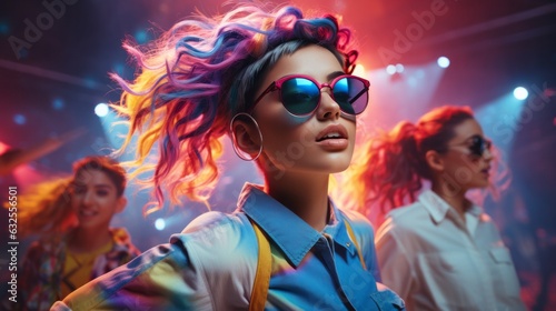 stylish colour hair and fashinista woman group portrait shot in neon color light party celebrate event and cheerful woman with stylish color glasses portrait shot ai generate