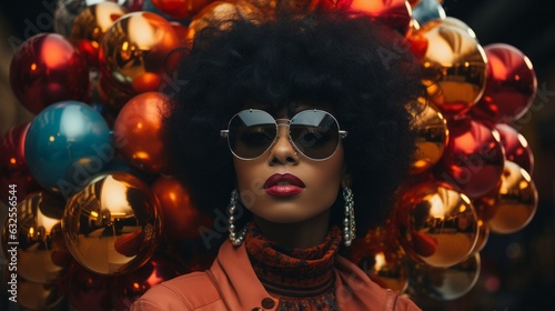 beautiful african american woman afro hair style with stylish colour glasses fashion studio photoshoot elegance and glamour dress costume confident looking and fashionable style,ai generate