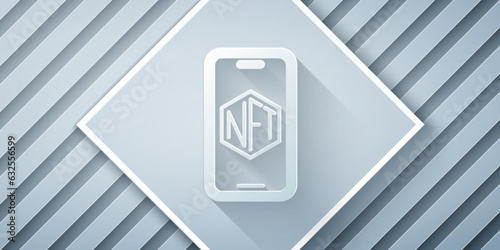 Paper cut Mobile with art store app icon isolated on grey background. Technology of selling NFT tokens for cryptocurrency. Non fungible token. Paper art style. Vector