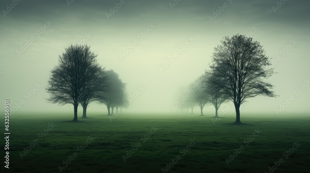 Dutch landscape with misty weather and trees on a green field
