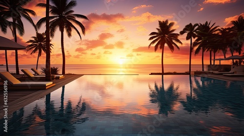 Picturesque tropical beachfront resort with an infinity pool overlooking a stunning sunset surrounded by palm trees