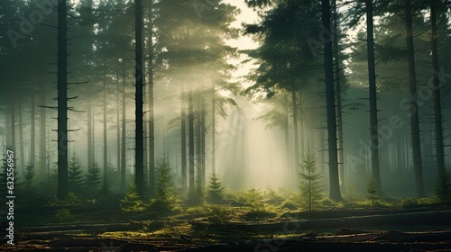 A dreamlike summer landscape with ancient pine tree silhouettes in a morning fog surrounded by a panoramic view of majestic evergreen forest Sun rays add an atmospheric tou