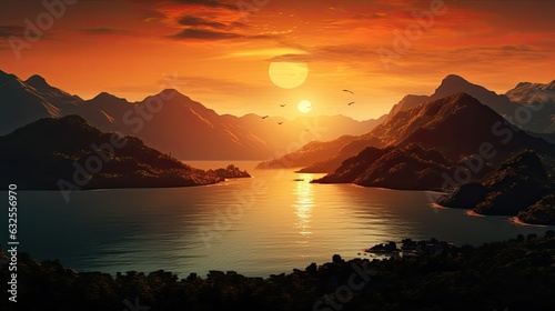 Aerial view of nature at sunrise over a mountain sea bay