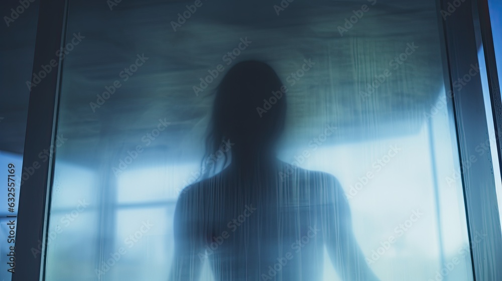 Mysterious woman behind frosted glass symbolizing isolation or sadness Mysterious woman behind frosted glass symbolizing isolation or sadness